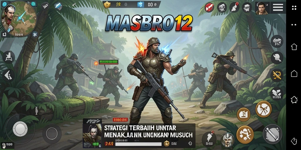 Screenshot gameplay <strong>MASBRO12</strong> yang menunjukkan aksi pertempuran strategi yang mendebarkan.
