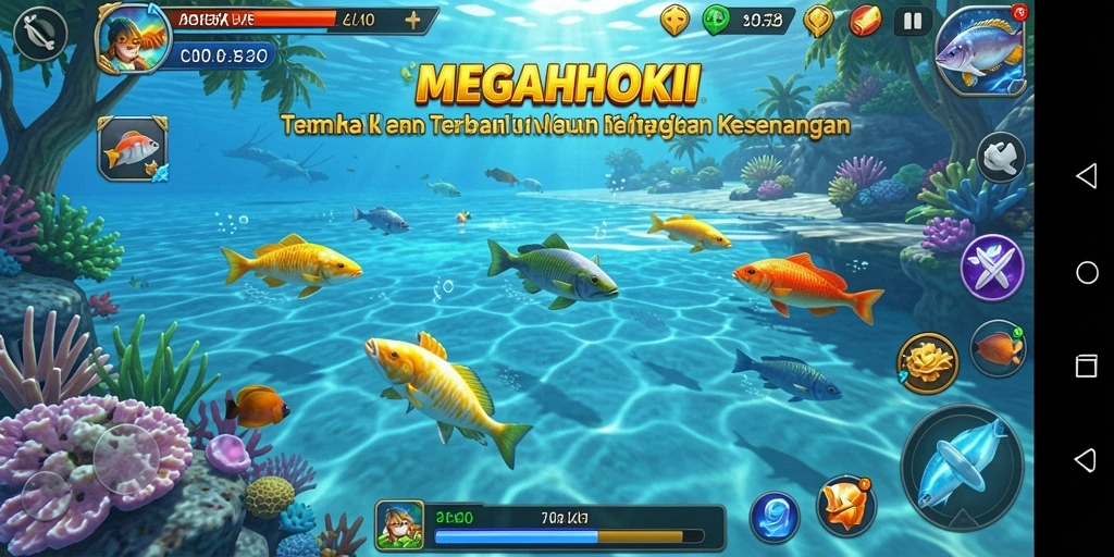 Tampilan gameplay seru dari MEGAHOKI dengan berbagai ikan untuk ditembak.