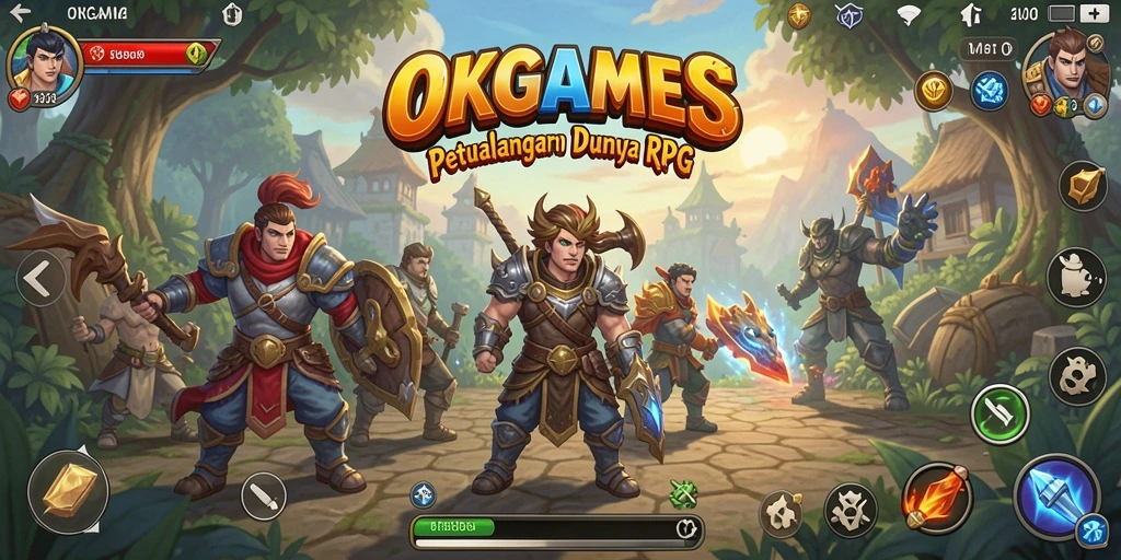Screenshot gameplay OKGAMES yang menampilkan pertarungan epik di dunia RPG.