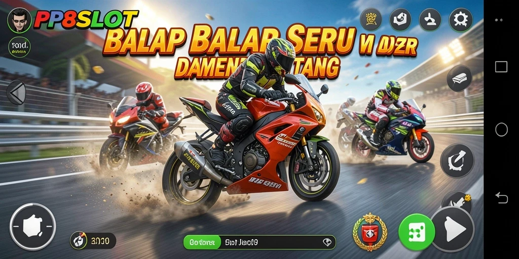 Screenshot utama PP8SLOT menampilkan aksi balap motor yang seru.